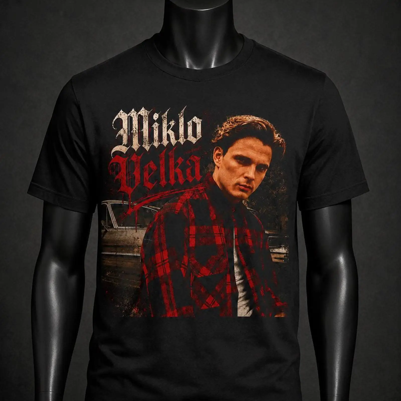 Vintage Fashion Font - T-shirt Nera con Stampa Ritratto in